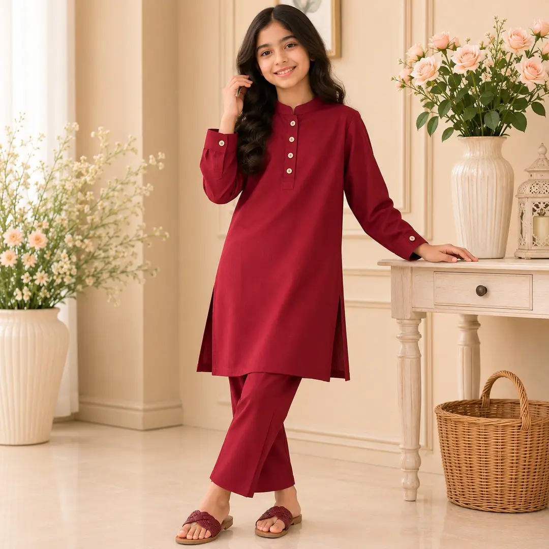 Stylish Maroon Georgette Kurta And Trouser Set for Girls - 2 Pcs