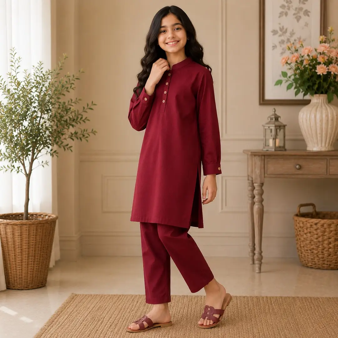 Stylish Maroon Georgette Kurta And Trouser Set for Girls - 2 Pcs