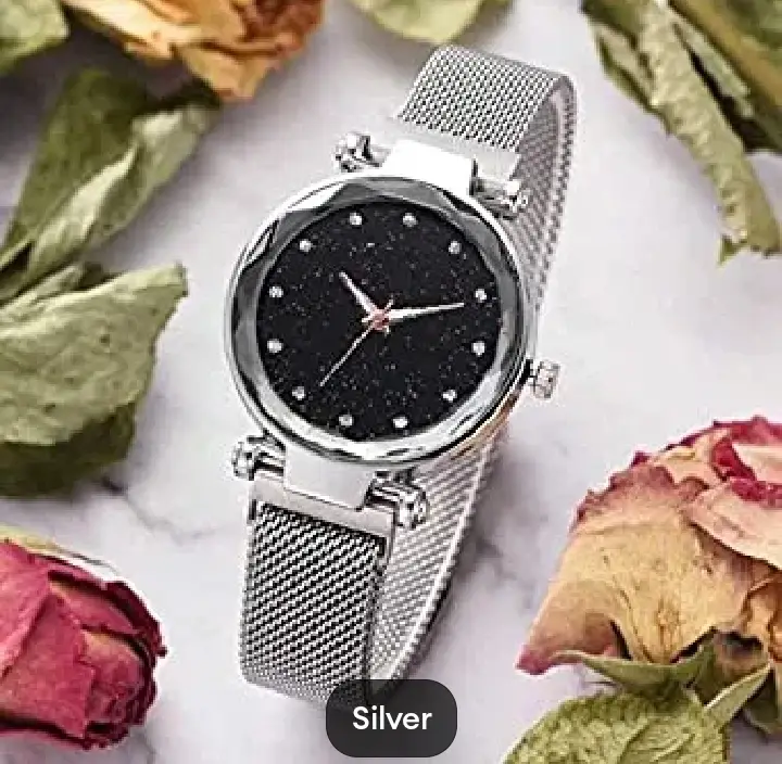 Silver crystal watch with black dial