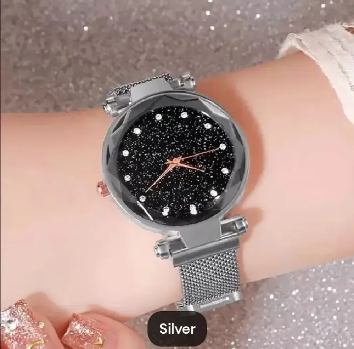 Silver crystal watch with black dial