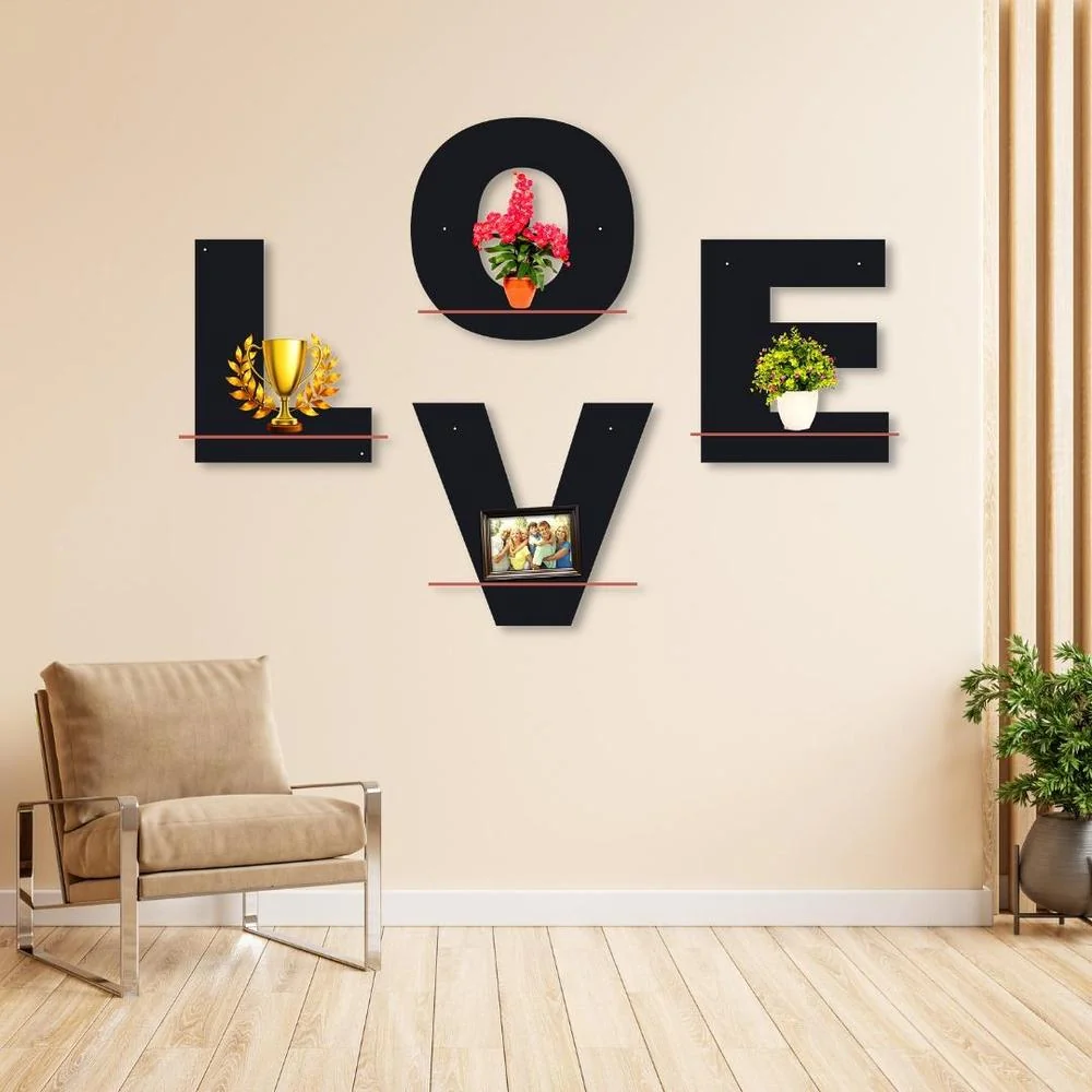 Love Wall Art Set of 4 MDF Shelves Black