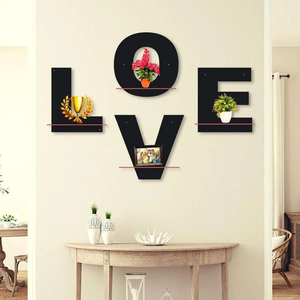 Love Wall Art Set of 4 MDF Shelves Black