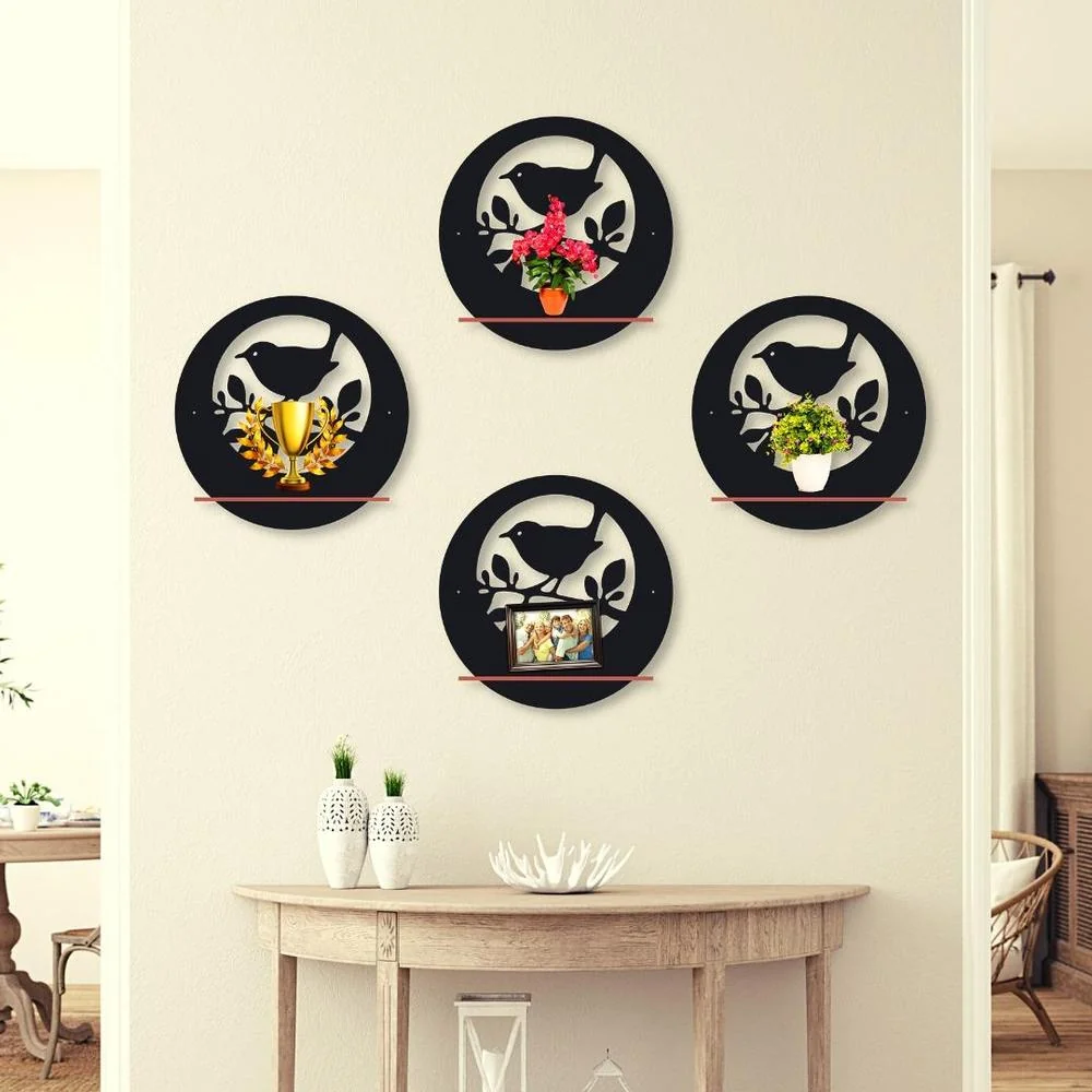 Bird Wall Shelves Set of 4 MDF Black Decor