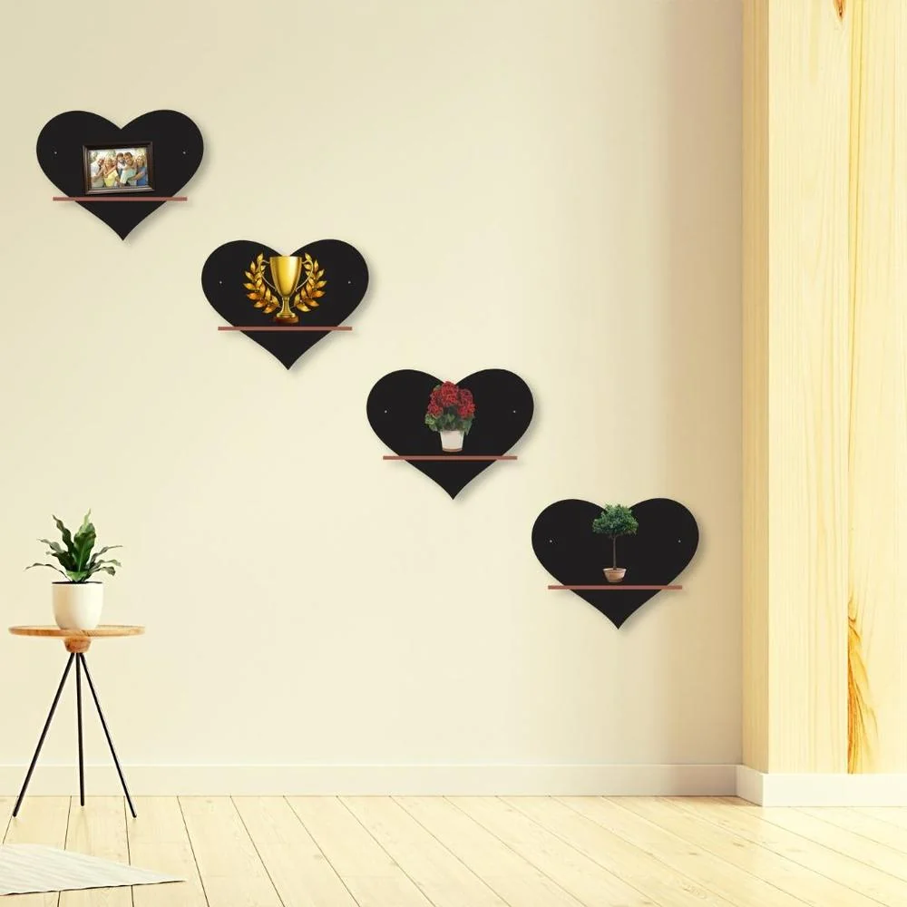 Heart Shelves Set of 4 Black MDF Wall Decor