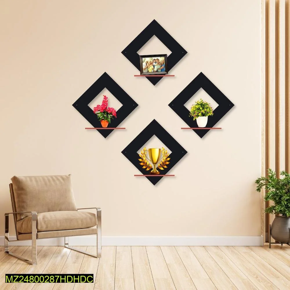 Modern Diamond Wall Shelves Set of 4 MDF Black