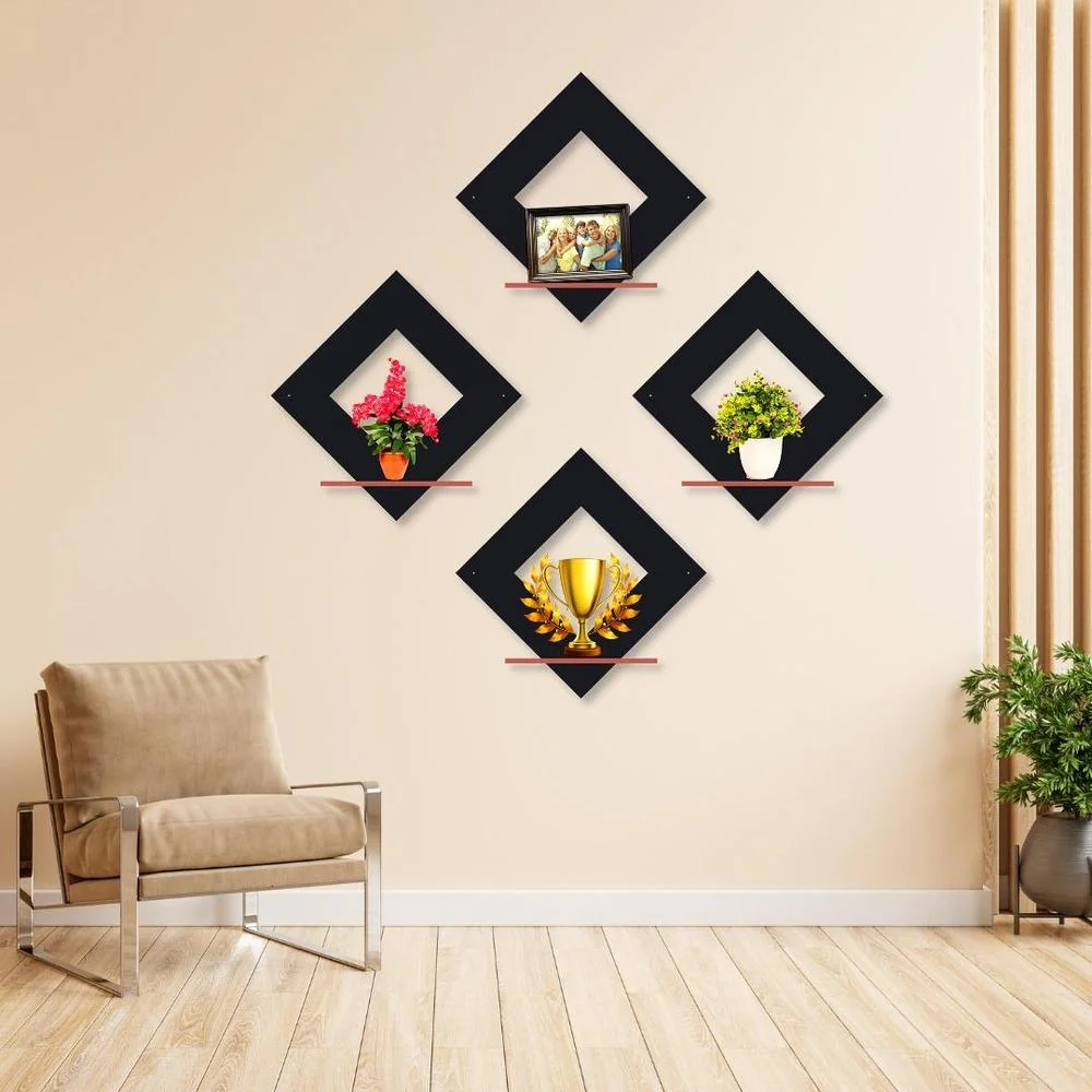 Modern Diamond Wall Shelves Set of 4 MDF Black