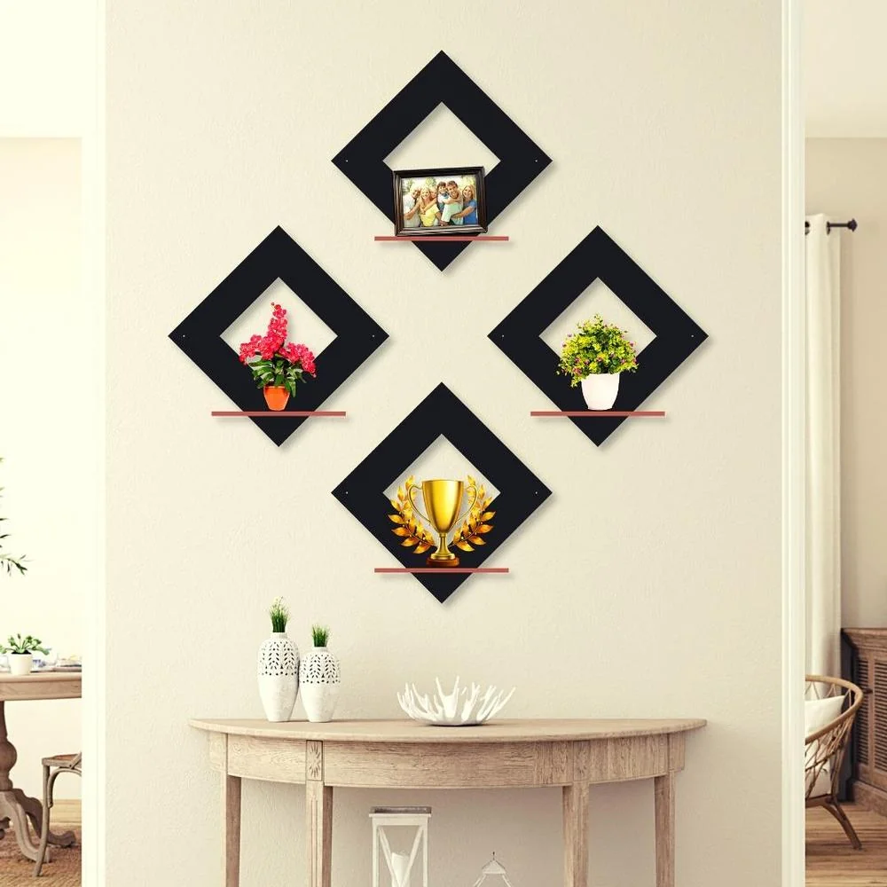 Modern Diamond Wall Shelves Set of 4 MDF Black