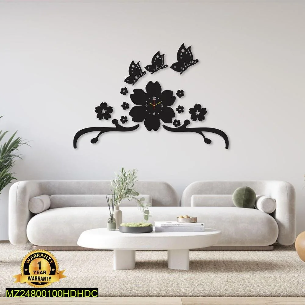 Black Floral Butterfly Wall Clock 29x21 Inch
