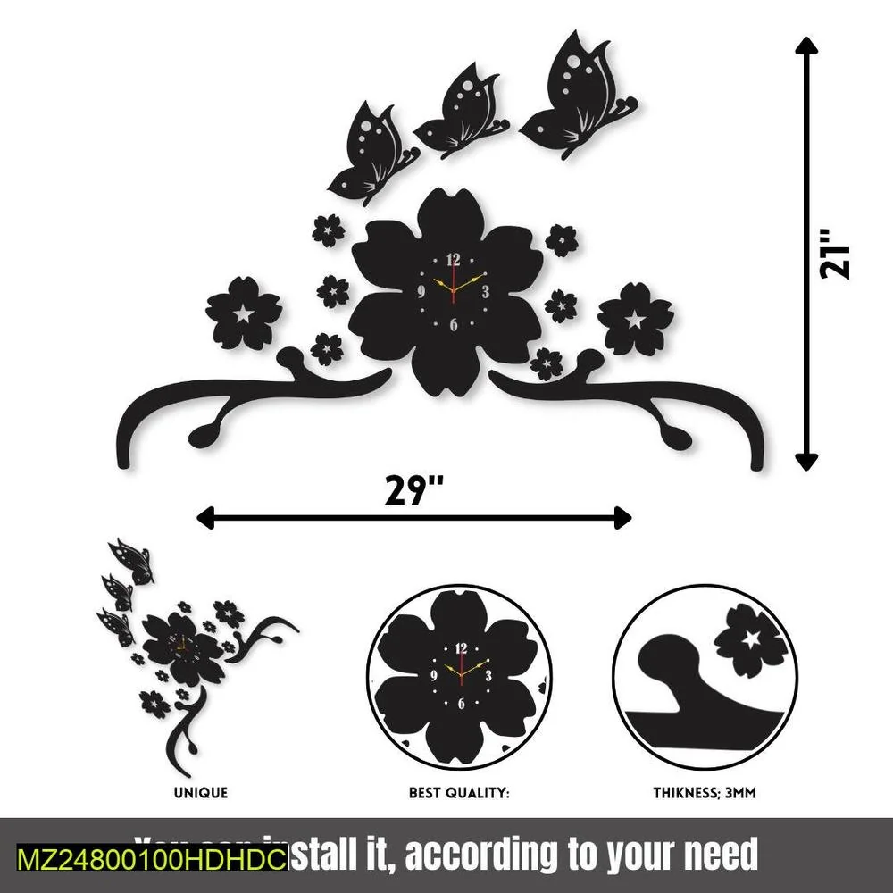Black Floral Butterfly Wall Clock 29x21 Inch