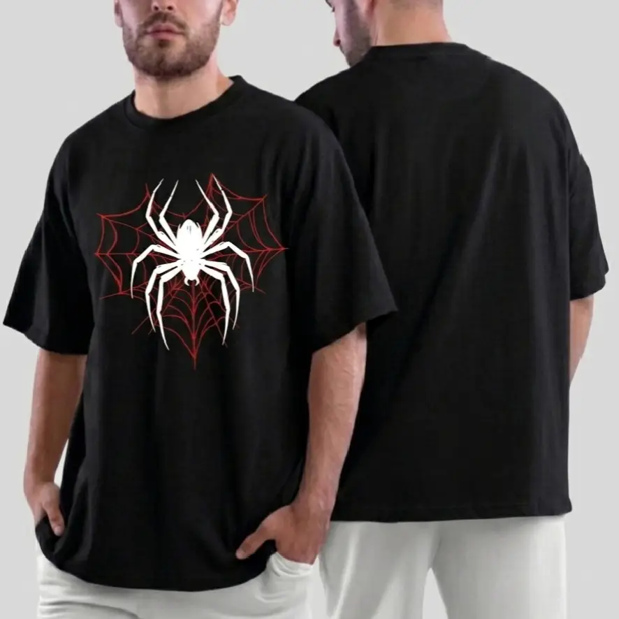 Premium Spider Web Graphic Drop Shoulder T-Shirt - Black Oversized Fit