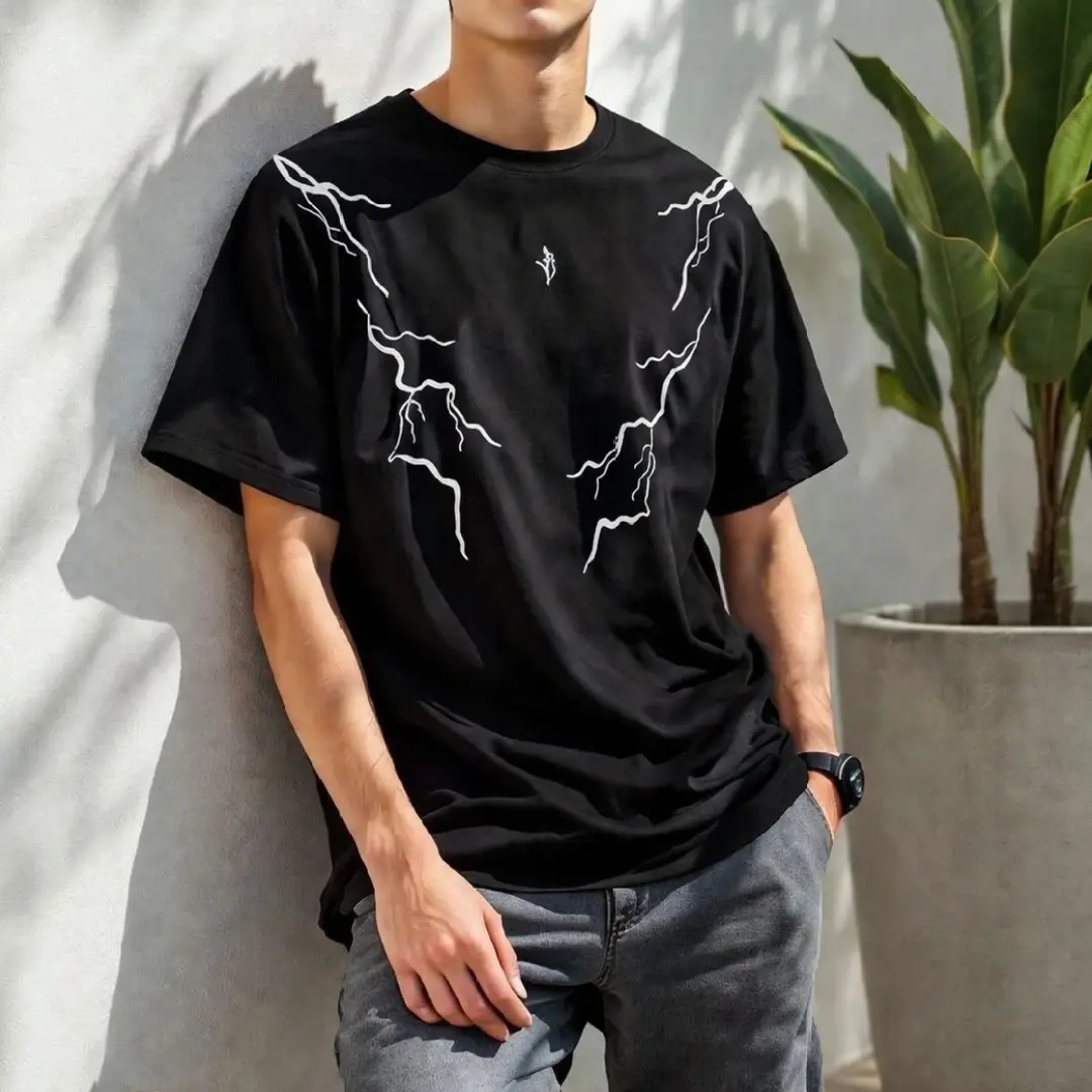 Premium Lightning Graphic Drop Shoulder T-Shirt - Oversized PC Fabric