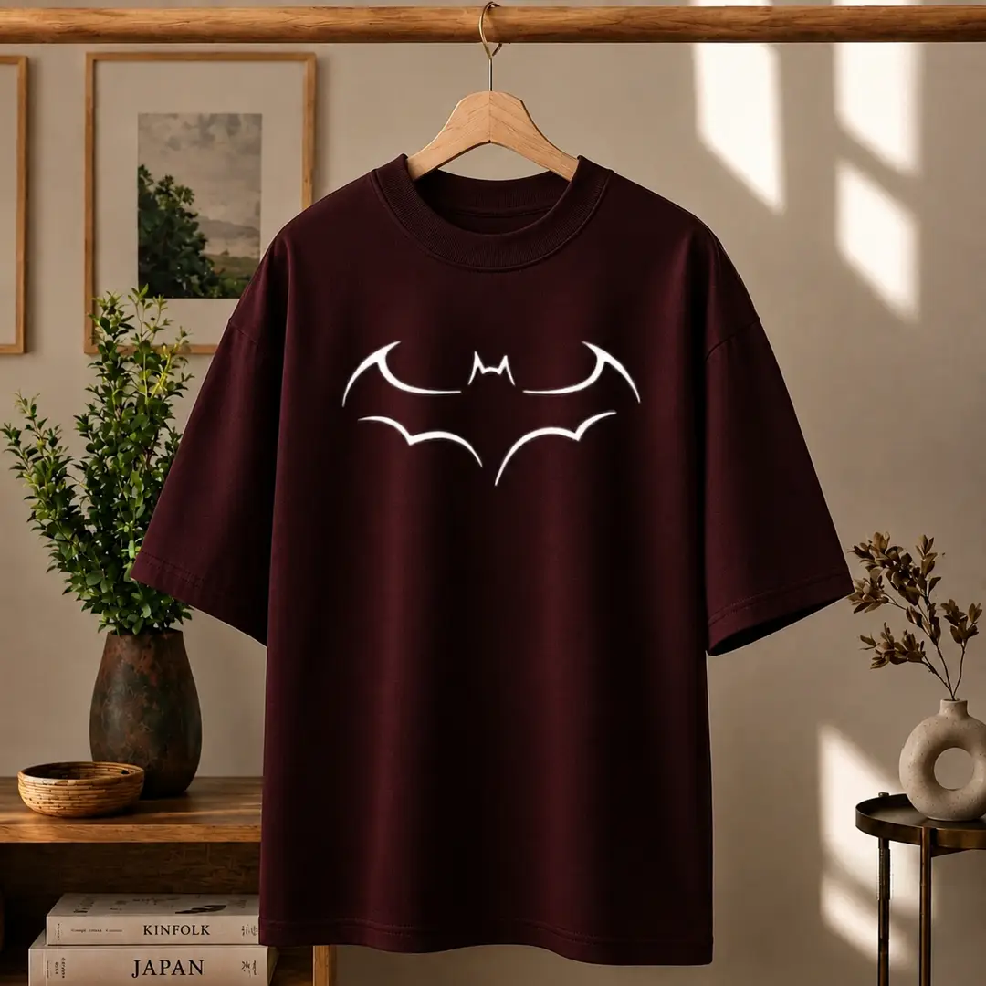 Premium Batman Graphic Drop Shoulder Maroon T-Shirt - Oversized PC Fabric Tee