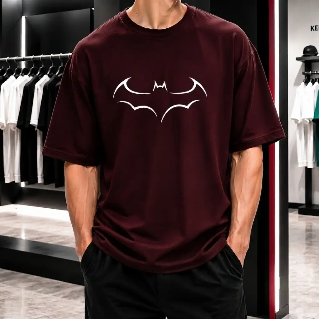 Premium Batman Graphic Drop Shoulder Maroon T-Shirt - Oversized PC Fabric Tee