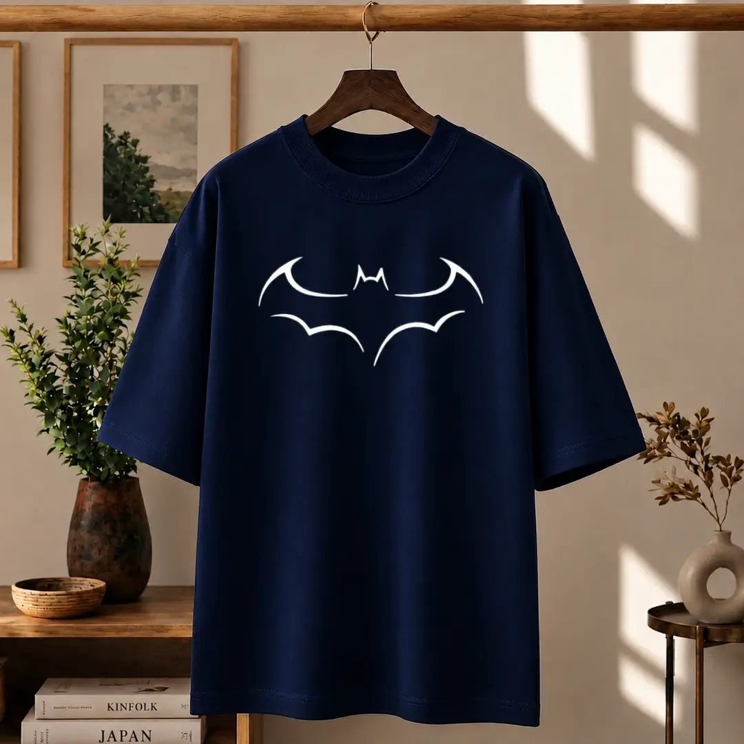 Premium Batman Graphic Drop Shoulder Navy Blue T-Shirt - Oversized PC Fabric Tee