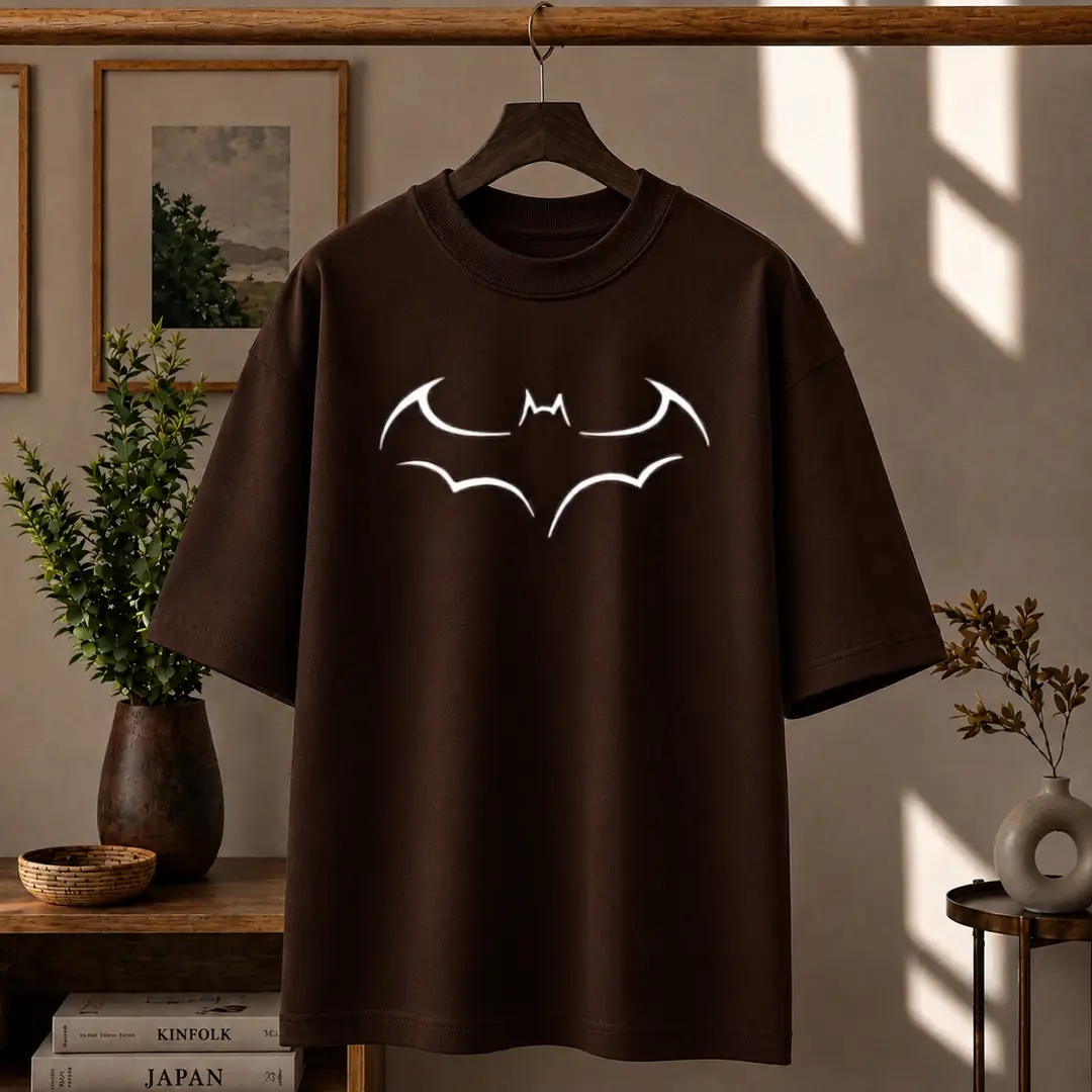 Premium Batman Graphic Drop Shoulder Brown T-Shirt - Oversized PC Fabric Tee