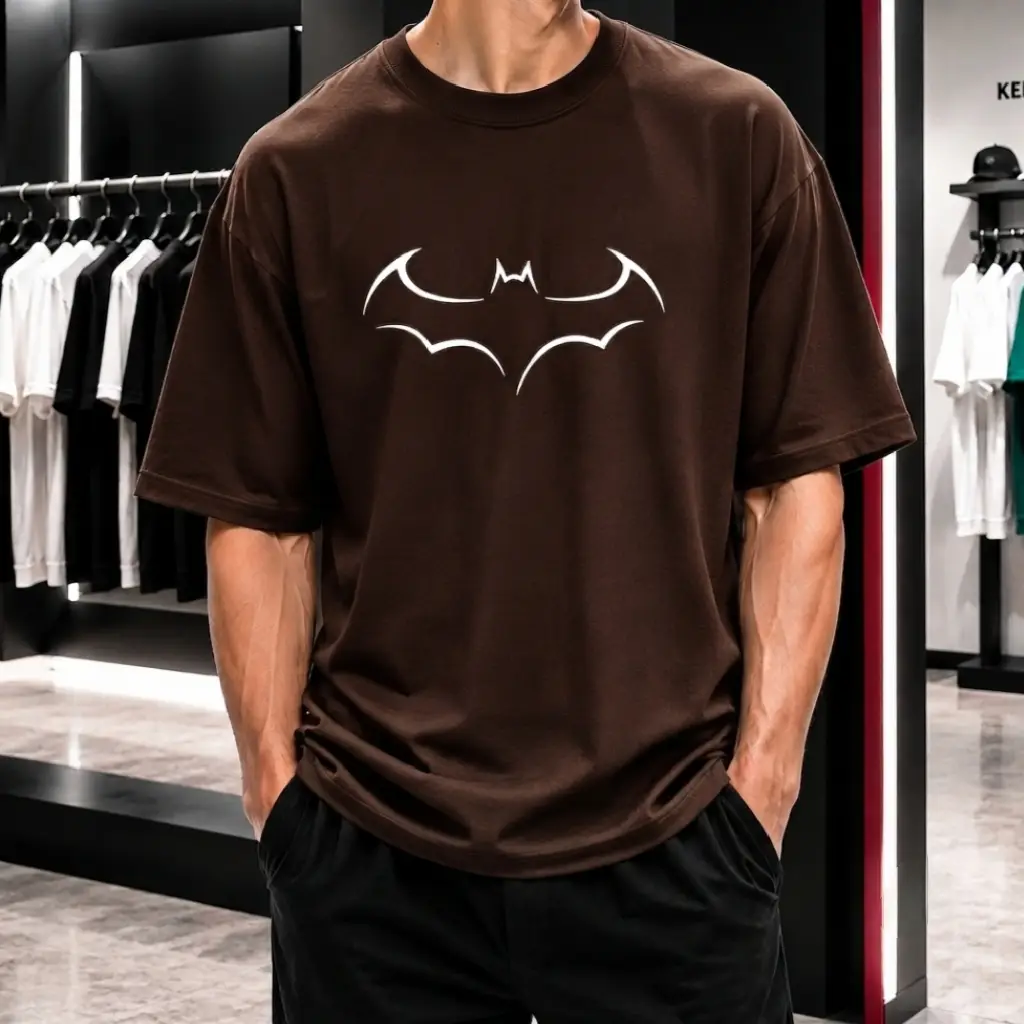 Premium Batman Graphic Drop Shoulder Brown T-Shirt - Oversized PC Fabric Tee