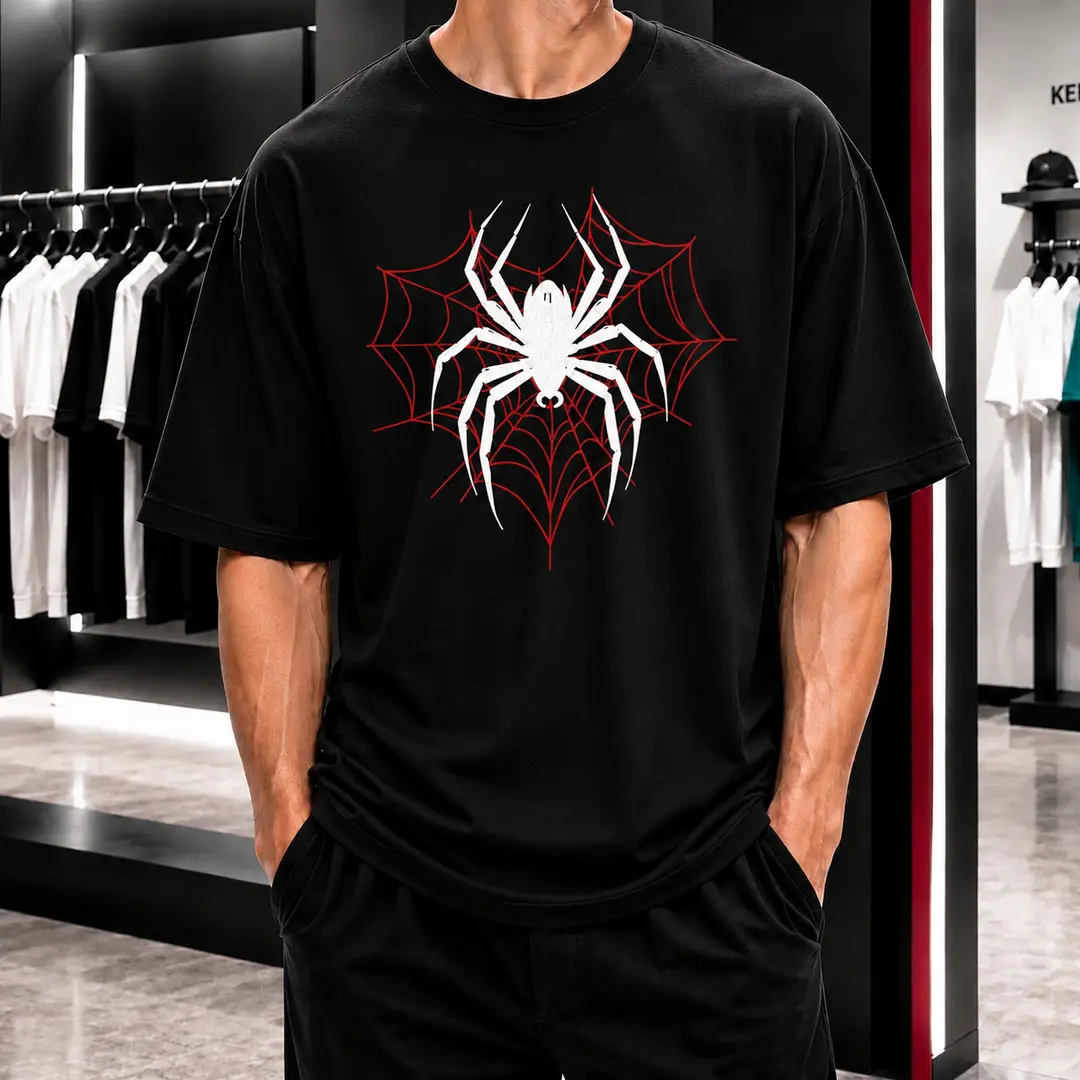 Premium Spider Web Graphic Drop Shoulder T-Shirt - Oversized PC Fabric Tee