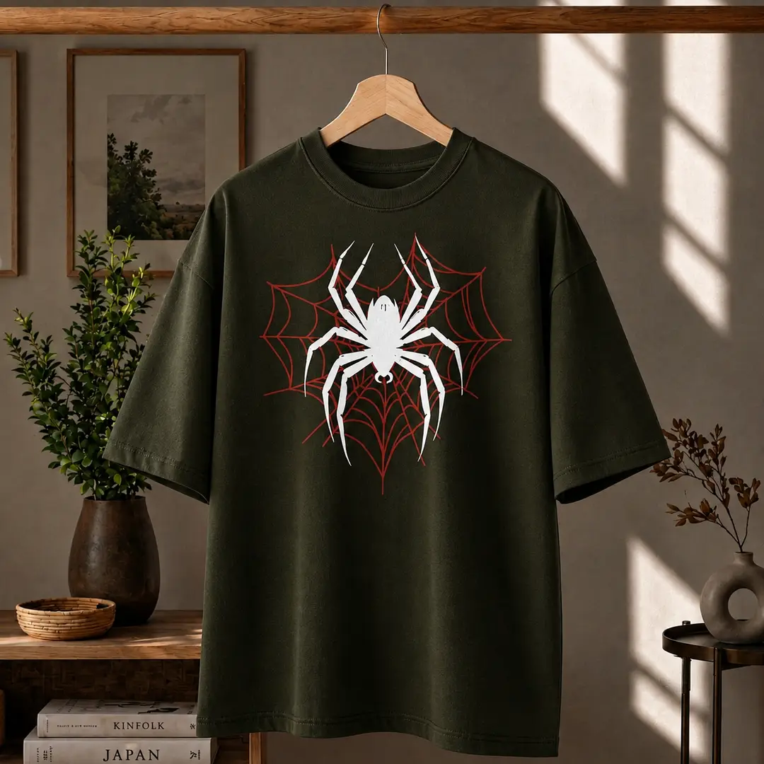 Premium Spider Web Graphic Drop Shoulder Olive Green T-Shirt - Oversized PC Fabric Tee