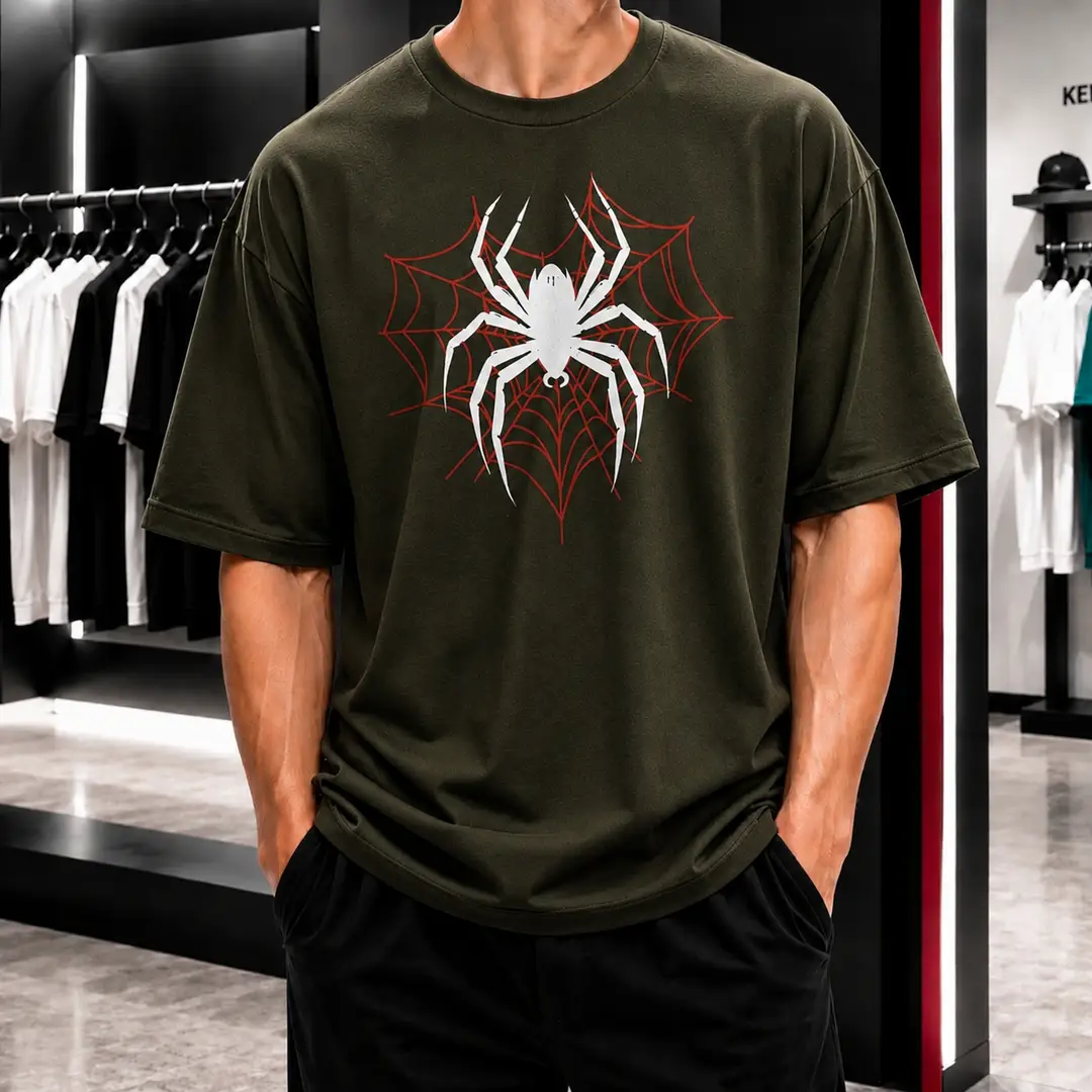 Premium Spider Web Graphic Drop Shoulder Olive Green T-Shirt - Oversized PC Fabric Tee