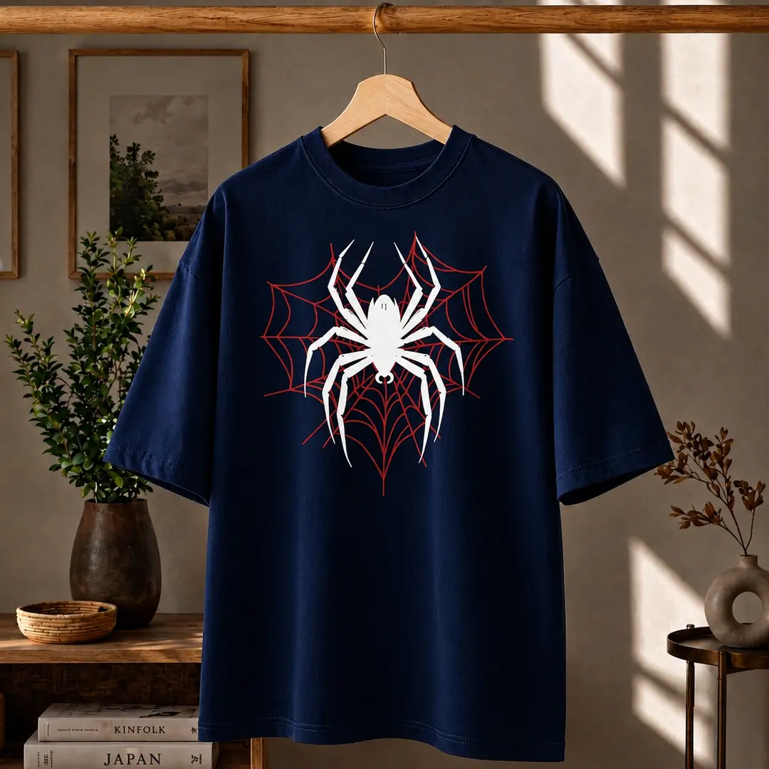 Premium Spider Web Graphic Drop Shoulder Navy Blue T-Shirt - Oversized PC Fabric Tee