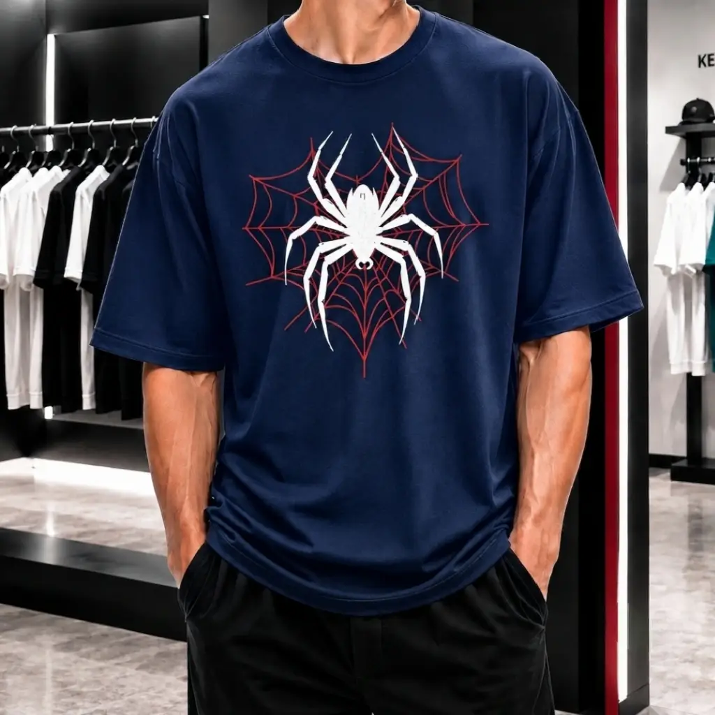 Premium Spider Web Graphic Drop Shoulder Navy Blue T-Shirt - Oversized PC Fabric Tee