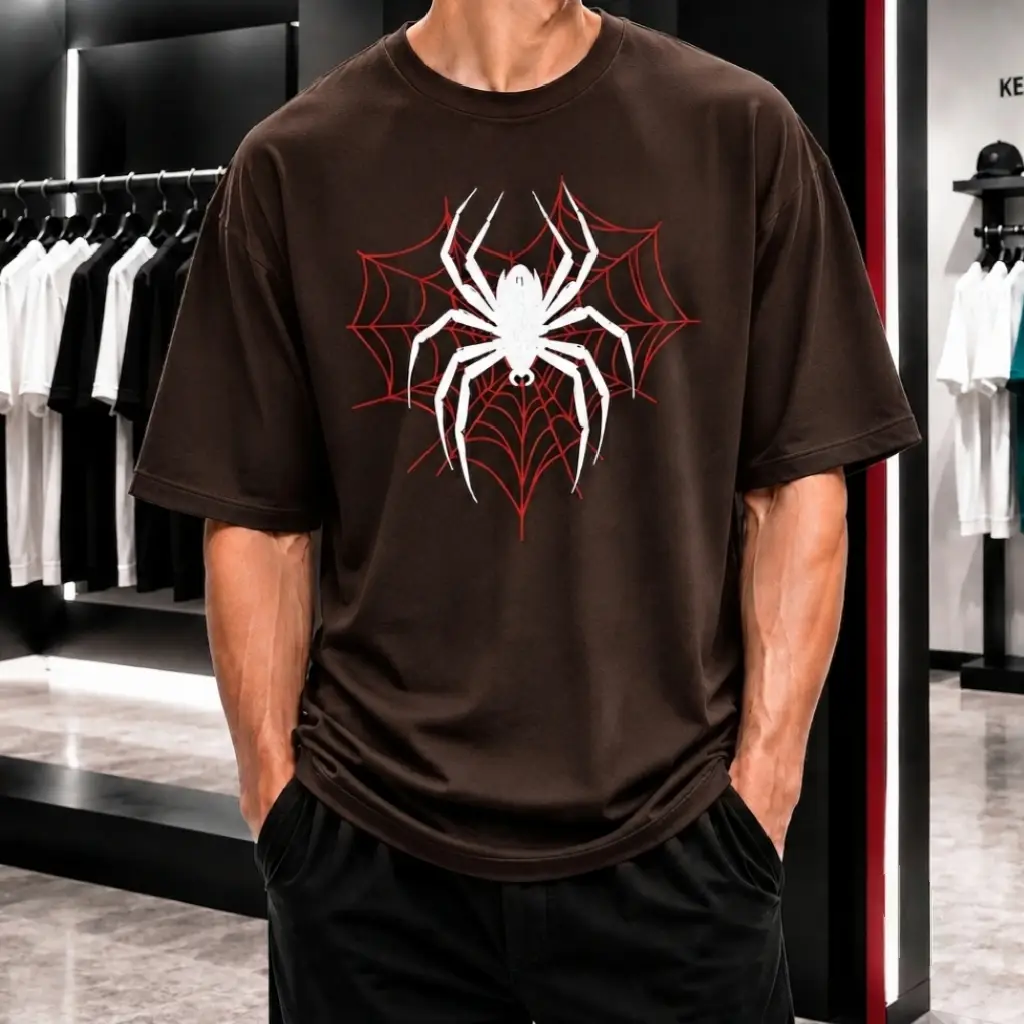 Premium Spider Web Graphic Drop Shoulder Brown T-Shirt - Oversized PC Fabric Tee