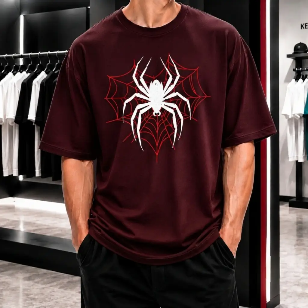 Premium Spider Web Graphic Drop Shoulder Maroon T-Shirt - Oversized PC Fabric Tee