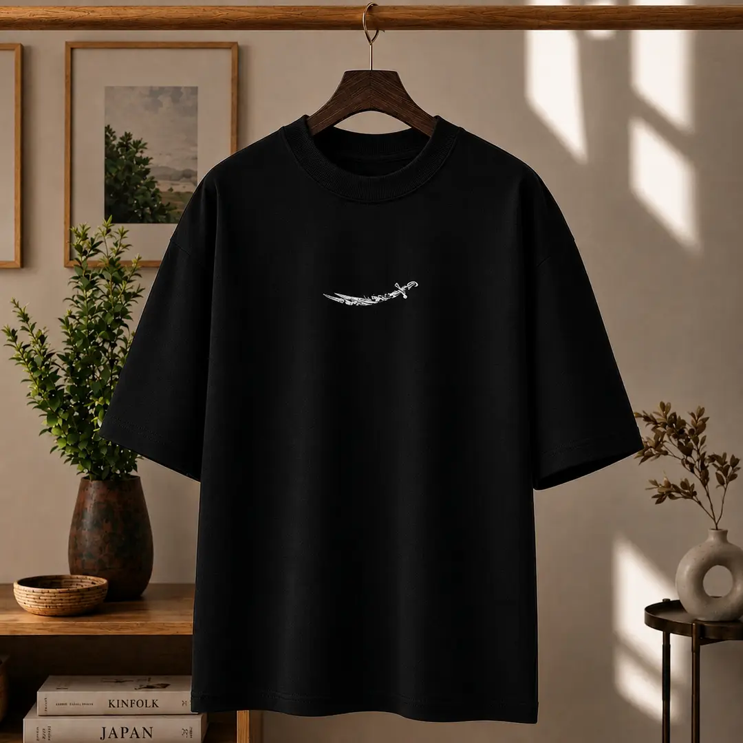 Premium Arabic Typography & Keffiyeh Graphic Drop Shoulder Black T-Shirt - Oversized PC Fabric Tee