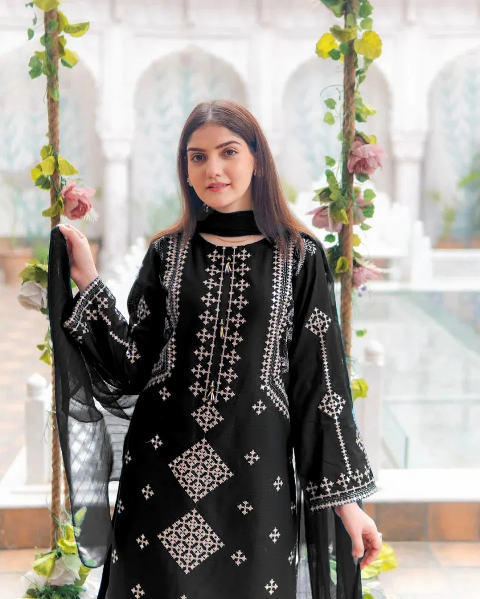 3 Pcs Women's Stitched Cotton Embroidered Suit