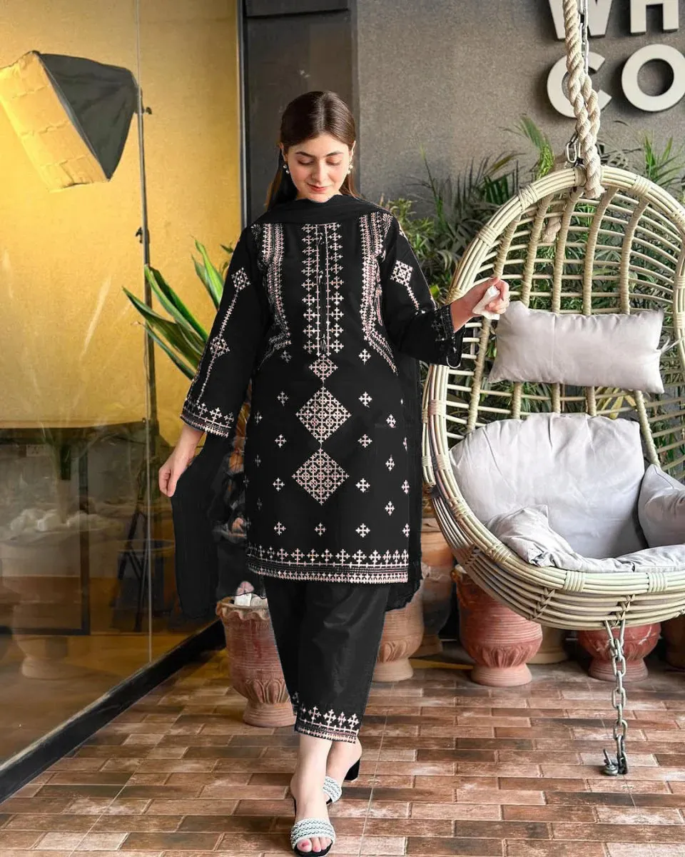 3 Pcs Women's Stitched Cotton Embroidered Suit