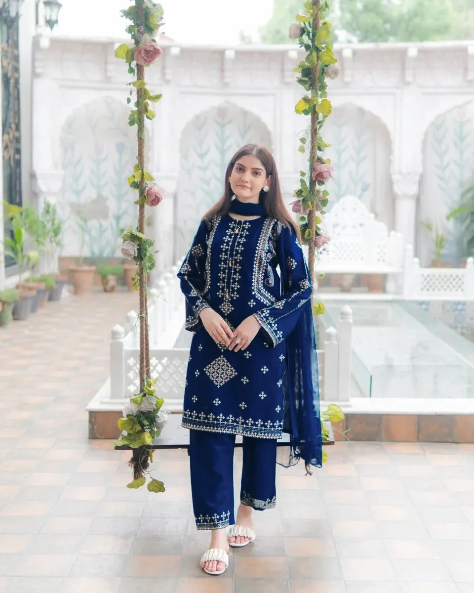 3 Pcs Women's Stitched Cotton Embroidered Suit