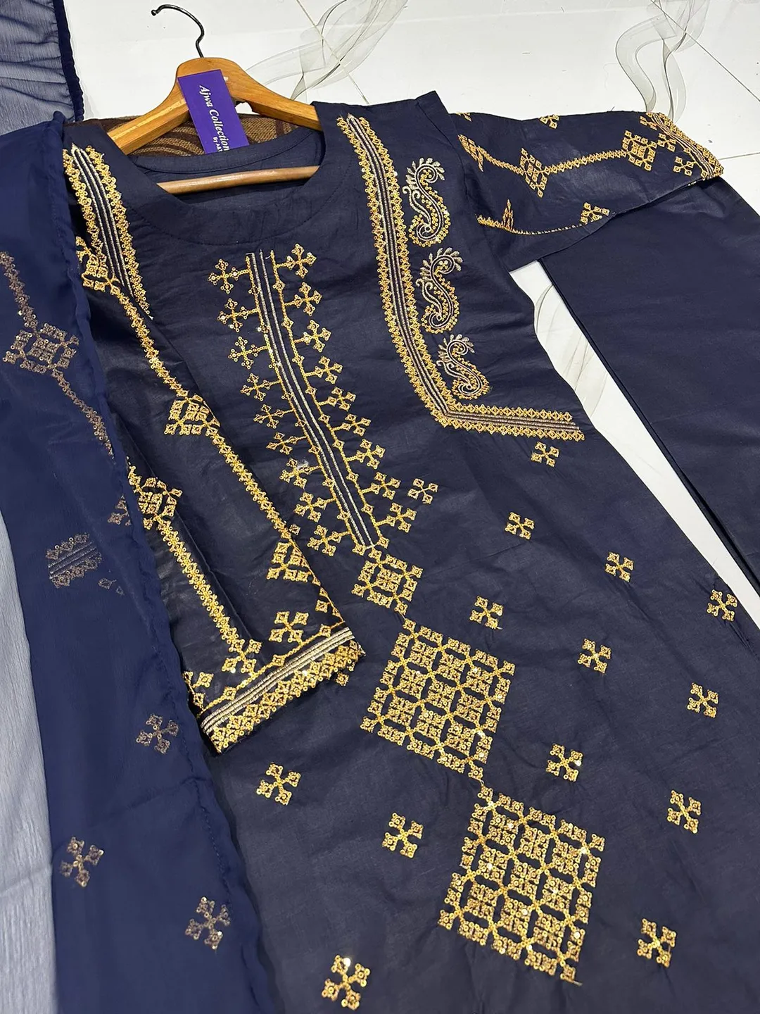 3 Pcs Women's Stitched Cotton Embroidered Suit