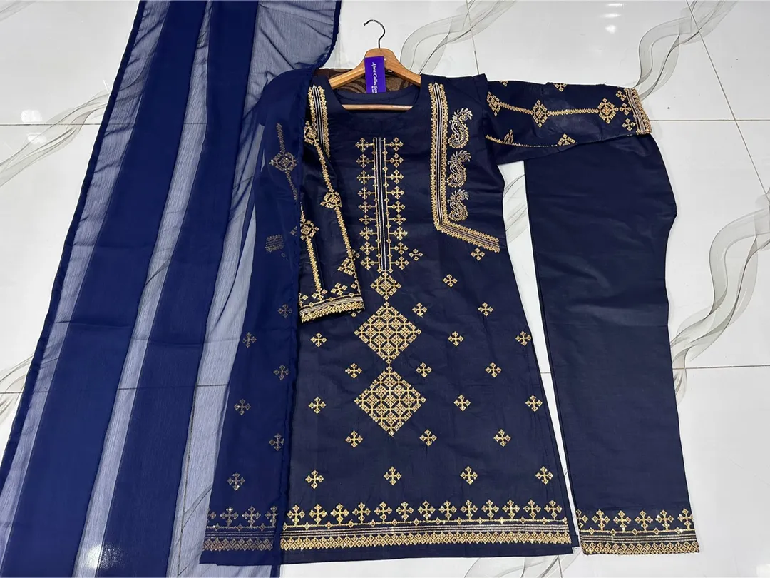 3 Pcs Women's Stitched Cotton Embroidered Suit