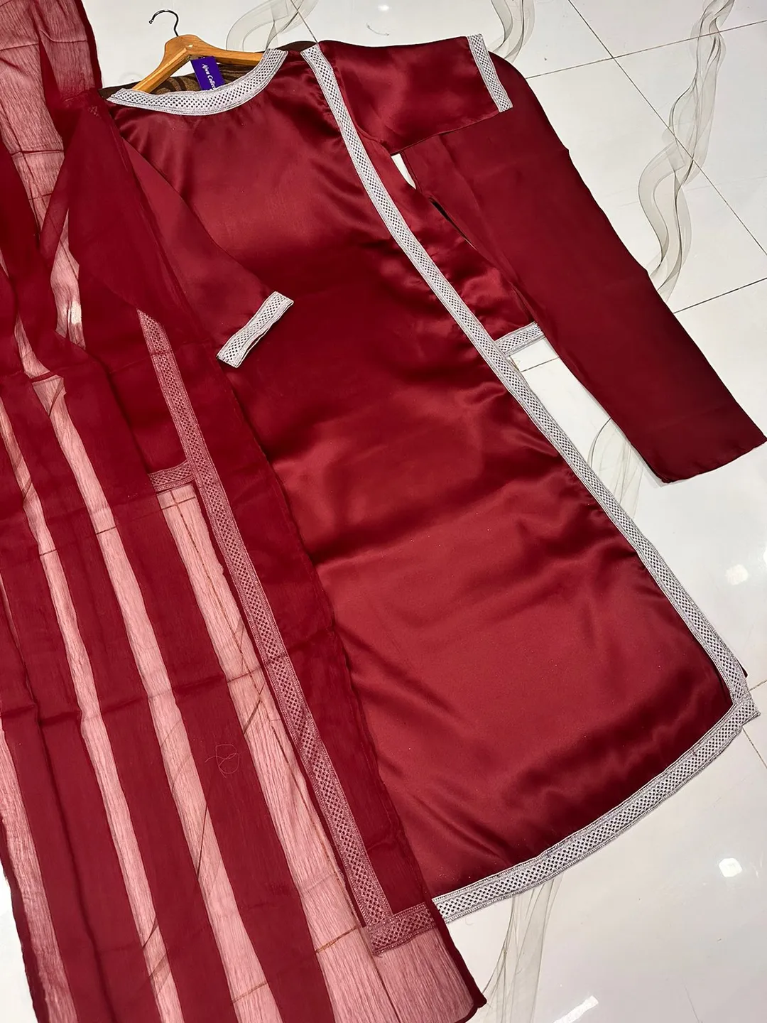 3 Pcs Women's Stitched Silk Lace Work Suit