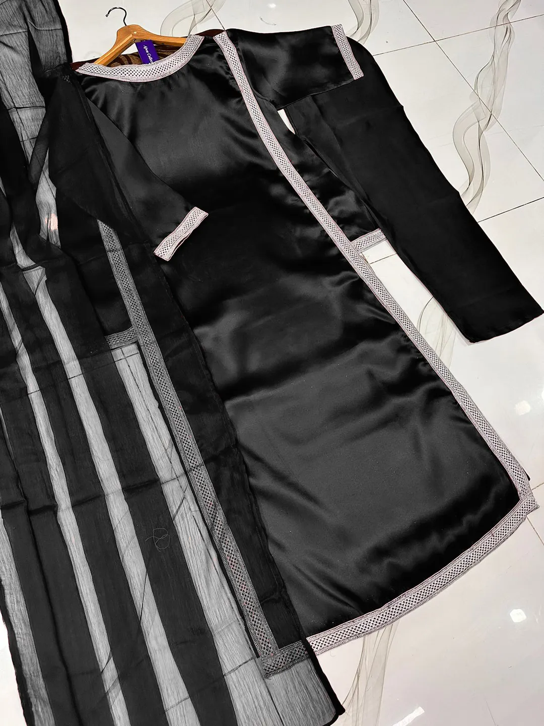 3 Pcs Women's Stitched Silk Lace Work Suit