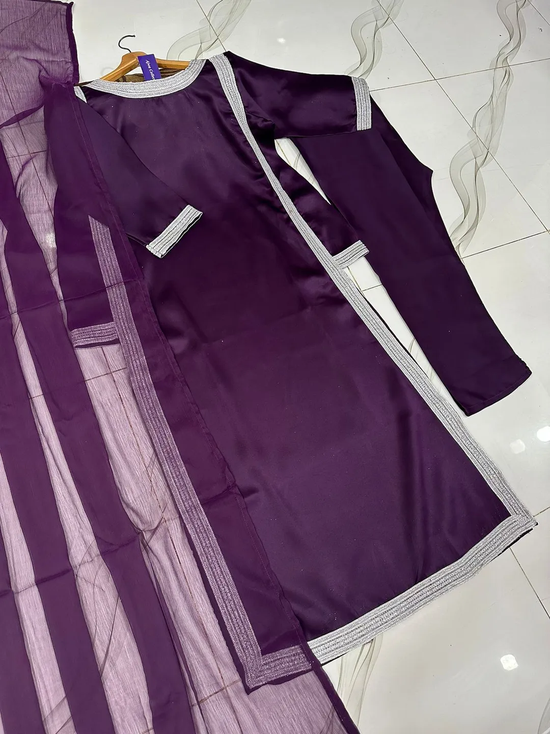 3 Pcs Women's Stitched Silk Lace Work Suit