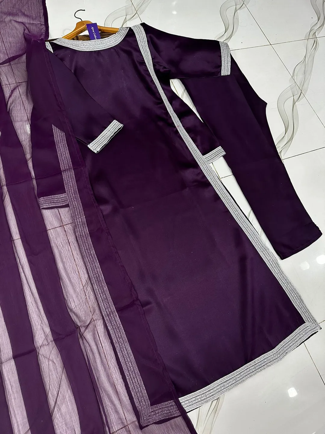 3 Pcs Women's Stitched Silk Lace Work Suit