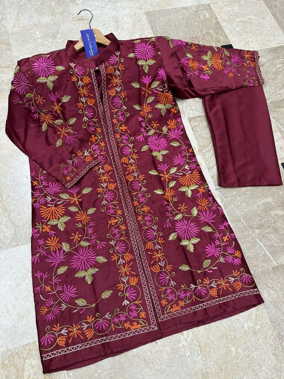3 Pcs Women's Stitched Shamoz Silk Embroidered Gown Suit