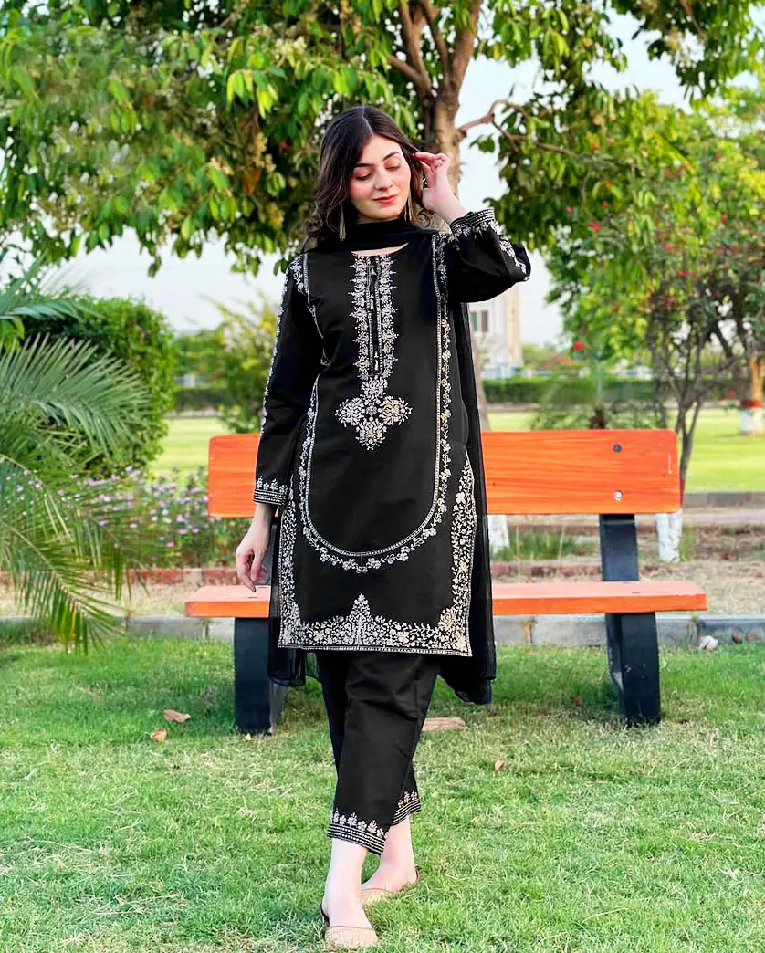 3 Pcs Women's Stitched Shamoz Silk Sequins Embroidered Suit