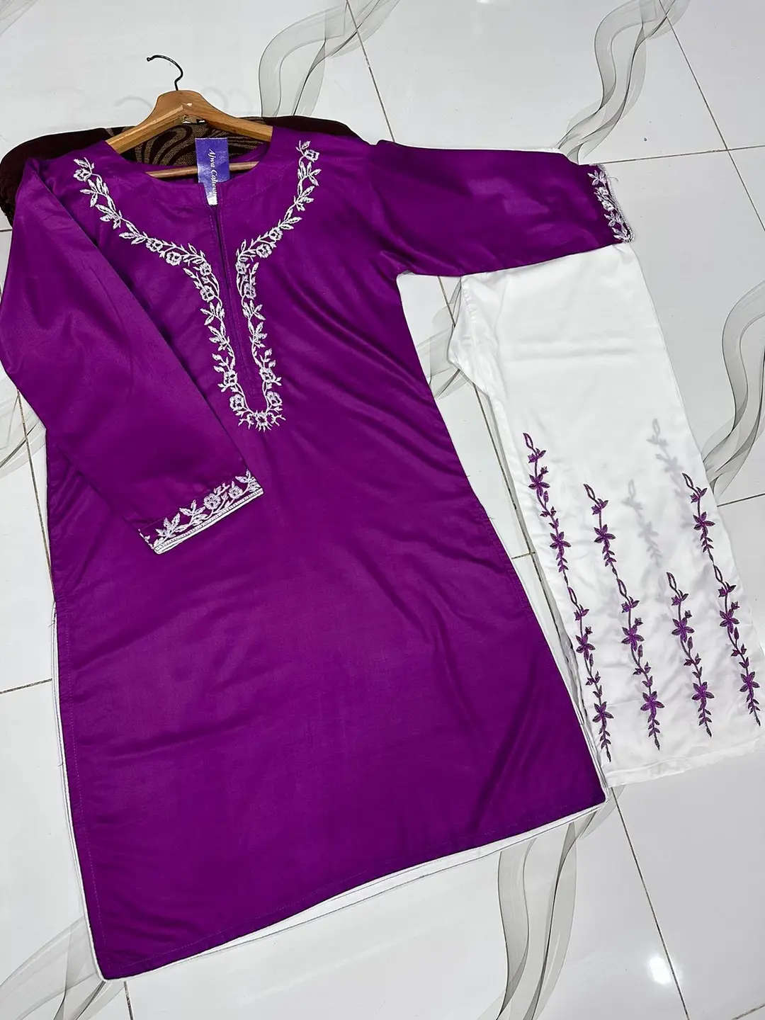 2 Pcs Women's Stitched Cotton Embroidered Shirt And Trouser
