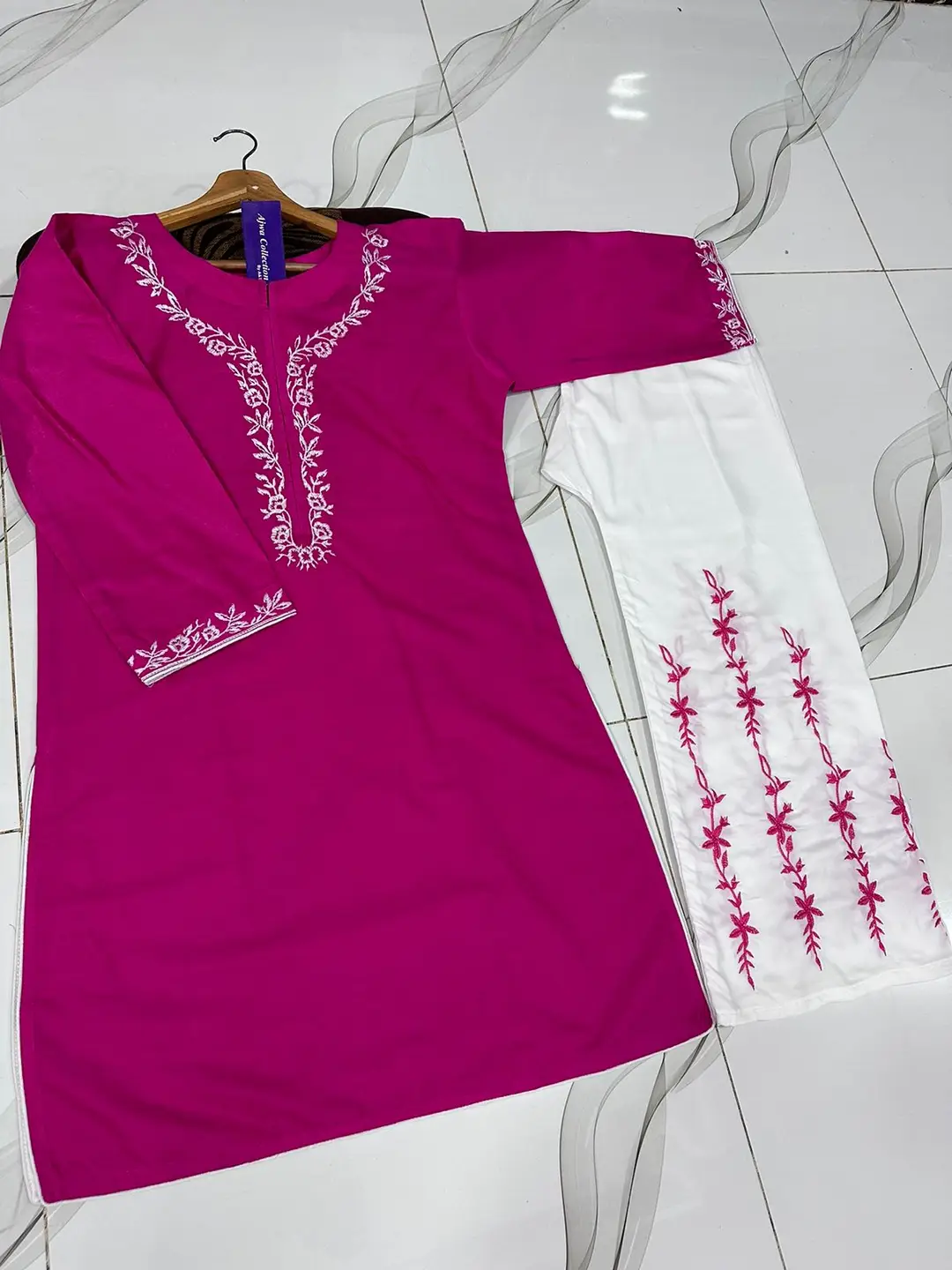 2 Pcs Women's Stitched Cotton Embroidered Shirt And Trouser