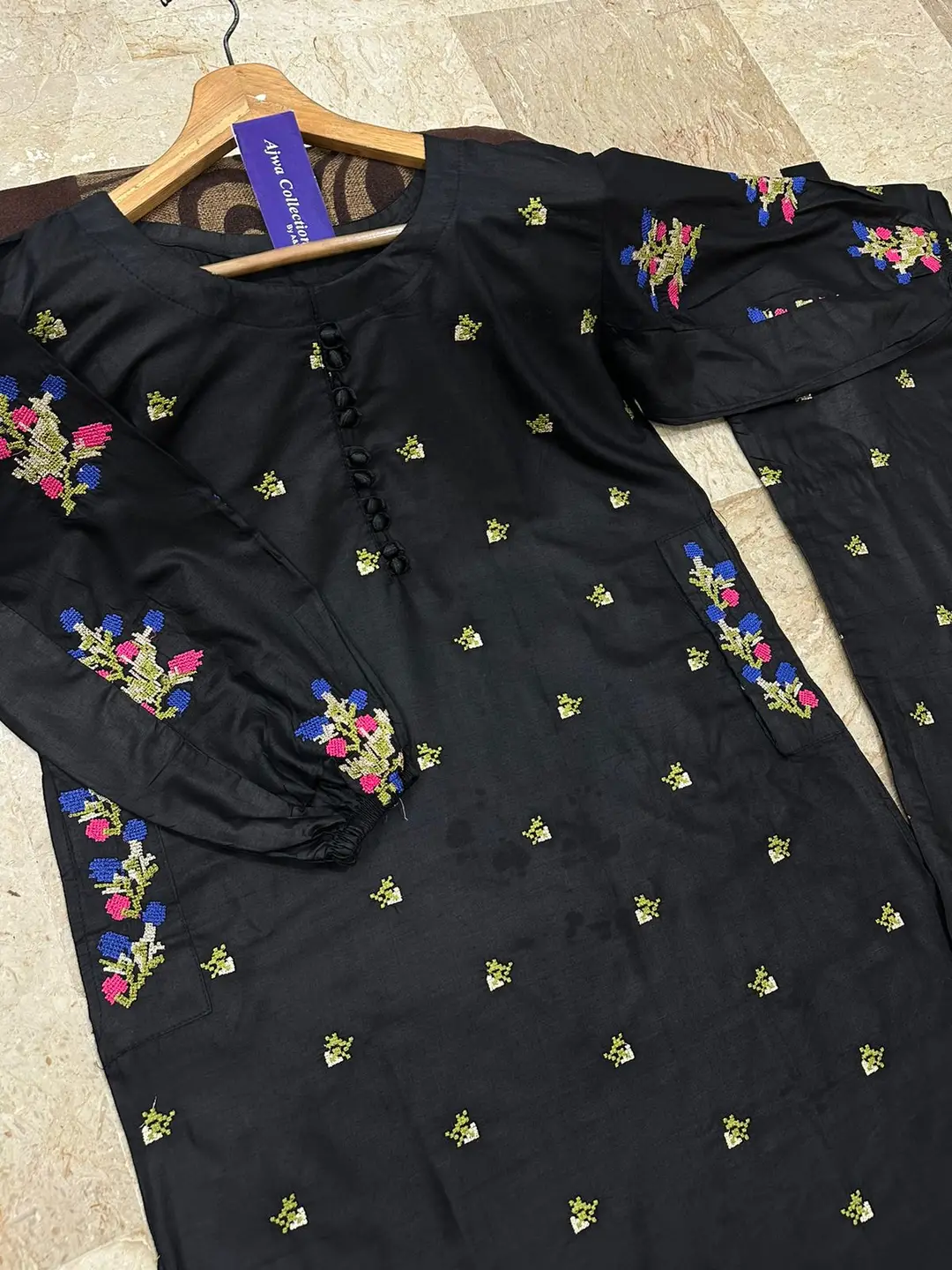 2 Pcs Women's Stitched Cotton Embroidered Shirt And Trouser