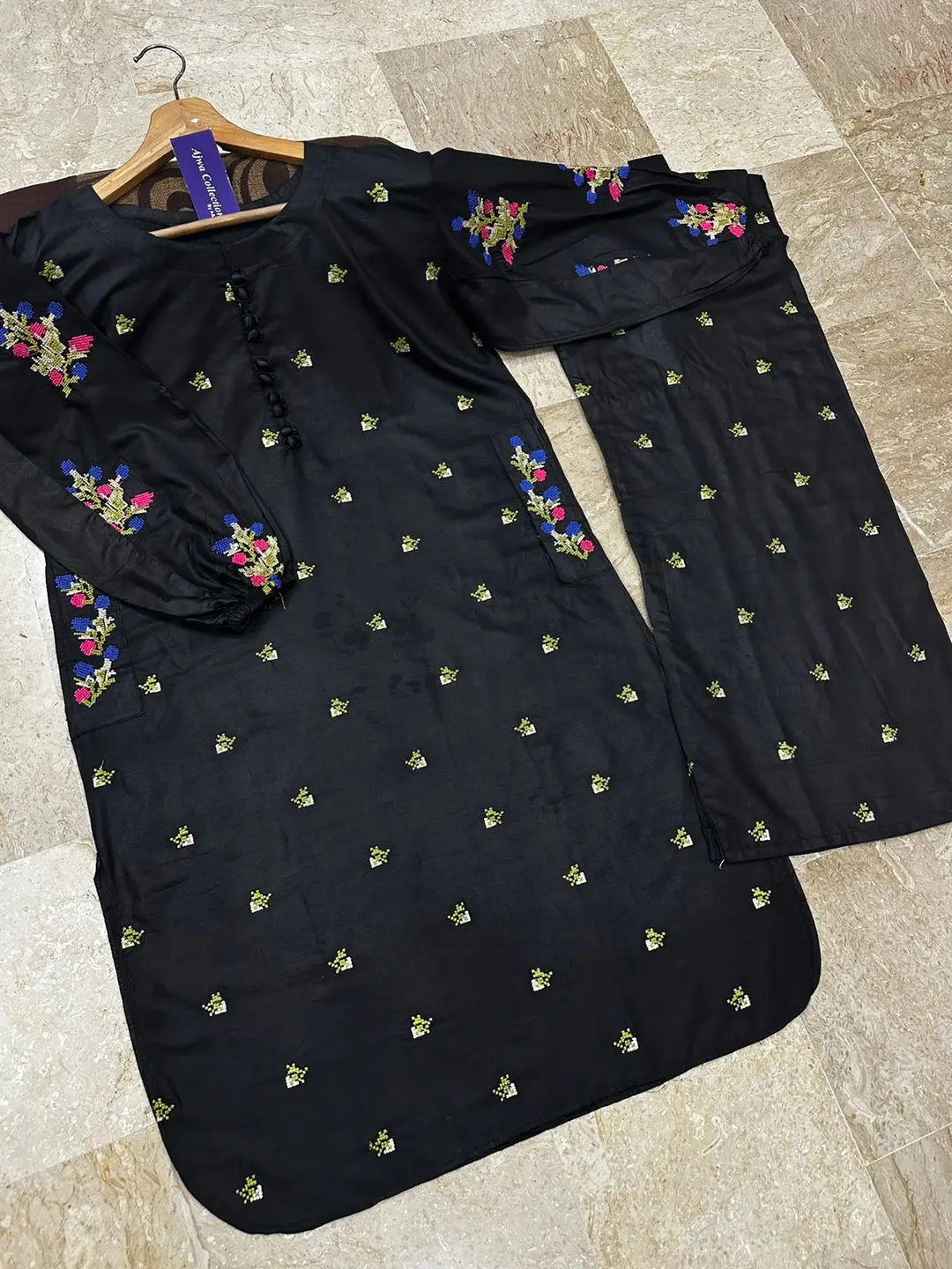 2 Pcs Women's Stitched Cotton Embroidered Shirt And Trouser