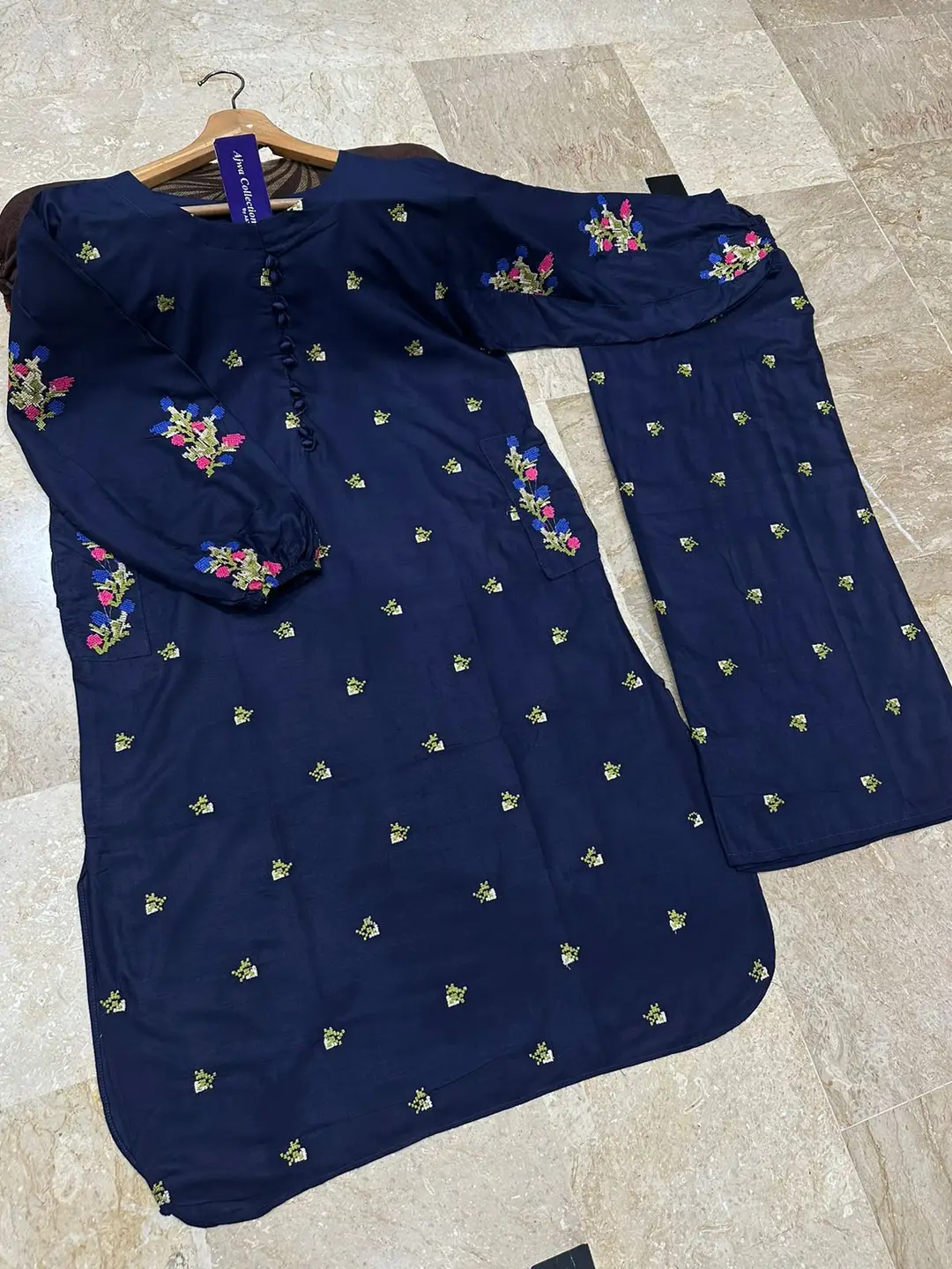 2 Pcs Women's Stitched Cotton Embroidered Shirt And Trouser