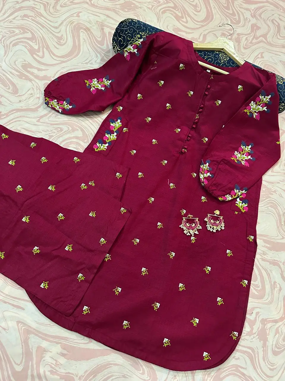 2 Pcs Women's Stitched Cotton Embroidered Shirt And Trouser