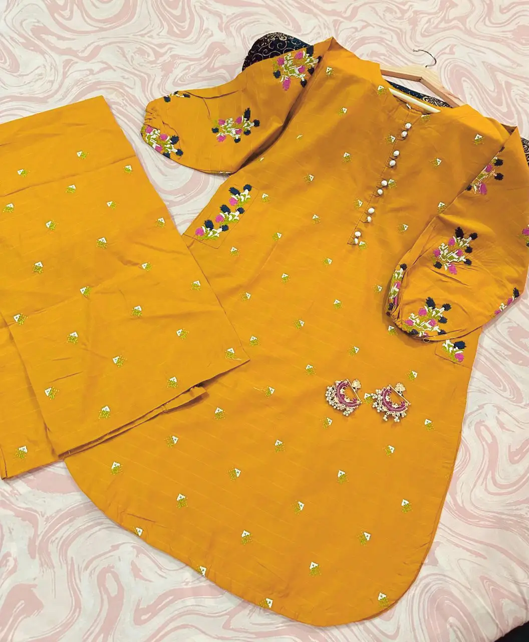 2 Pcs Women's Stitched Cotton Embroidered Shirt And Trouser