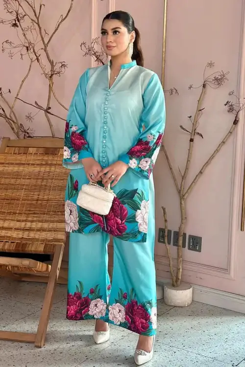 2 Pcs Women's Stitched Silk Printed Co-Ord Set