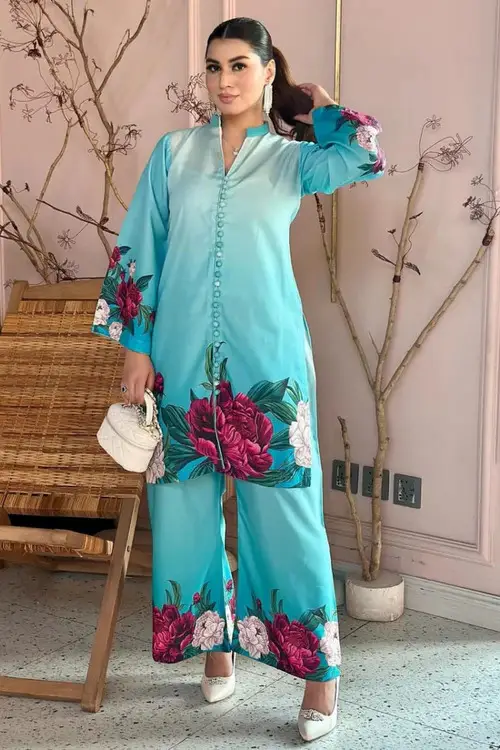 2 Pcs Women's Stitched Silk Printed Co-Ord Set