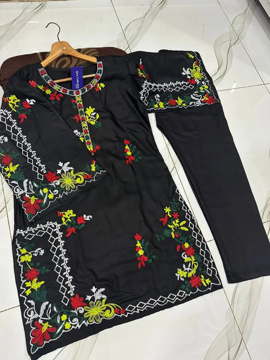 2 Pcs Women's Stitched Linen Embroidered Shirt And Trouser