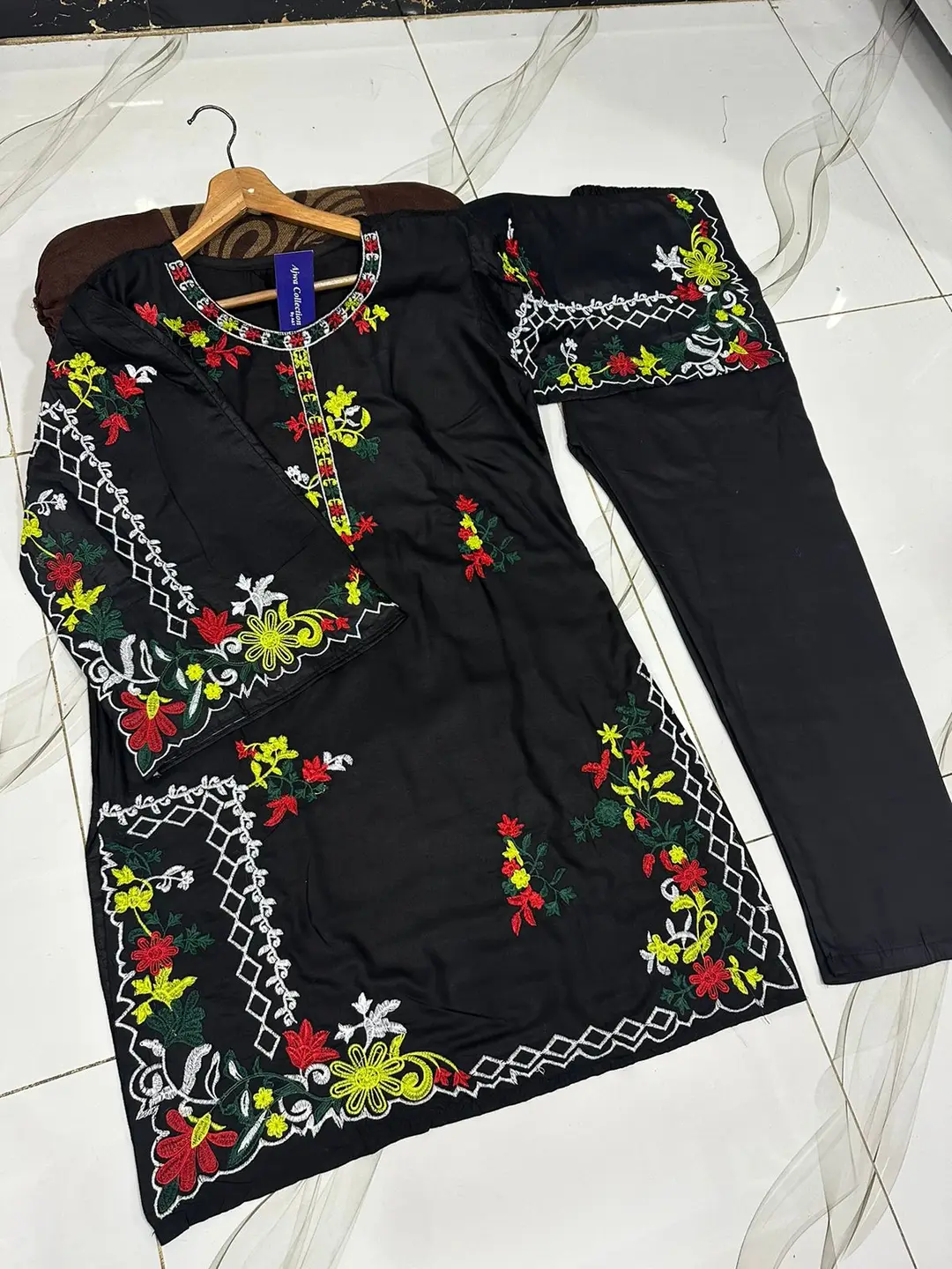 2 Pcs Women's Stitched Linen Embroidered Shirt And Trouser